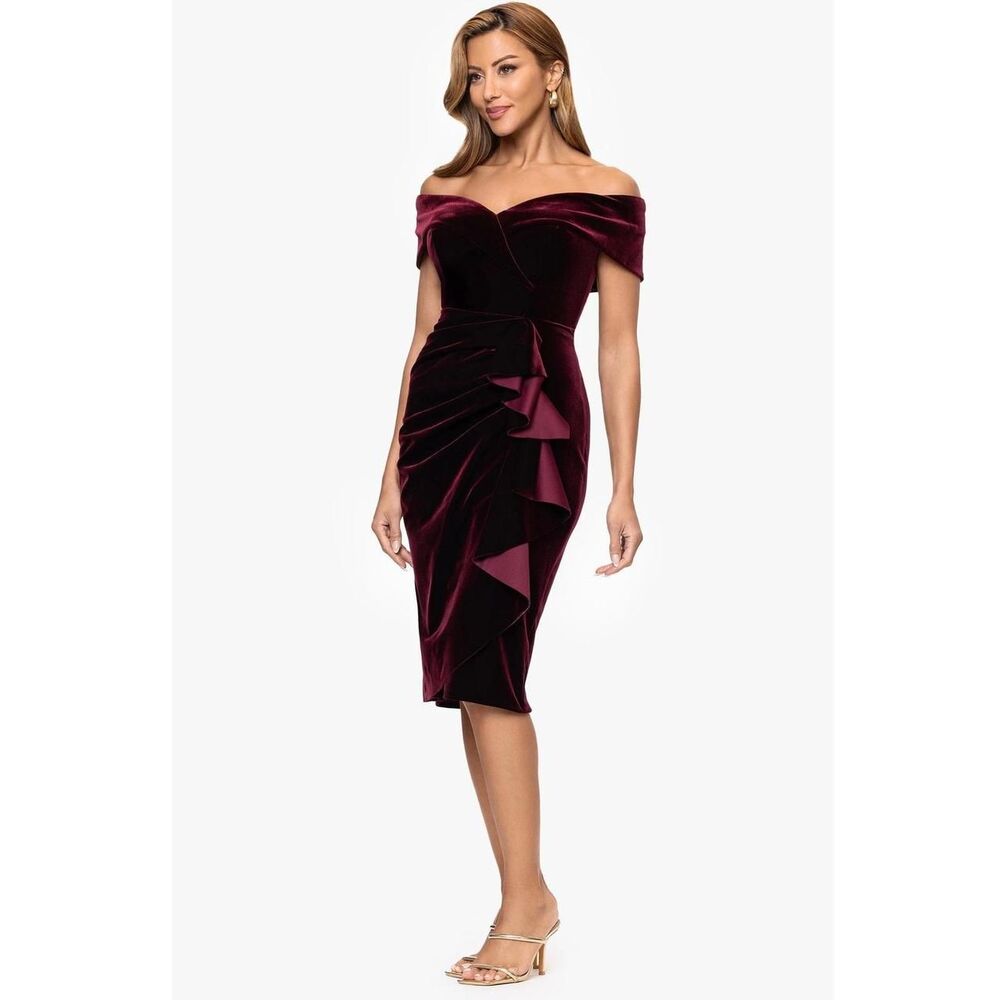 XSCAPE Burgundy Velvet Off the Shoulder Ruffle Sheath Cocktail Dress Size 10